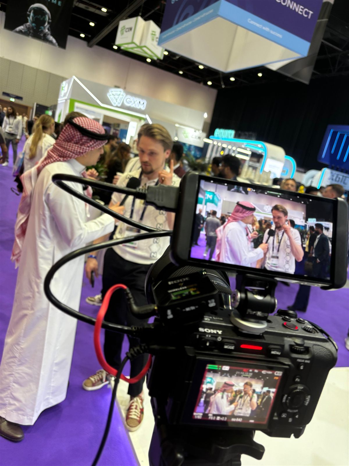 Professional interview filming at a Dubai expo