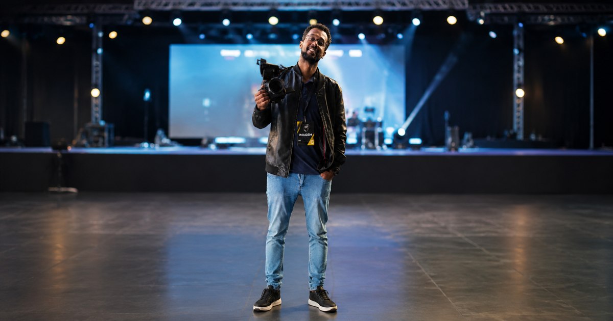 Muyed Mohammed Elmamoun holding a professional cinema camera at a live event